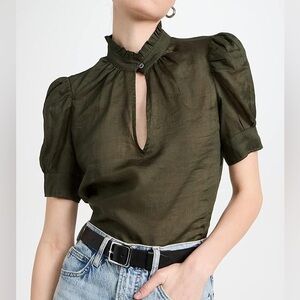 Frame Deep V Ruffle Collar Top Fatigue Green Puff Sleeve XS